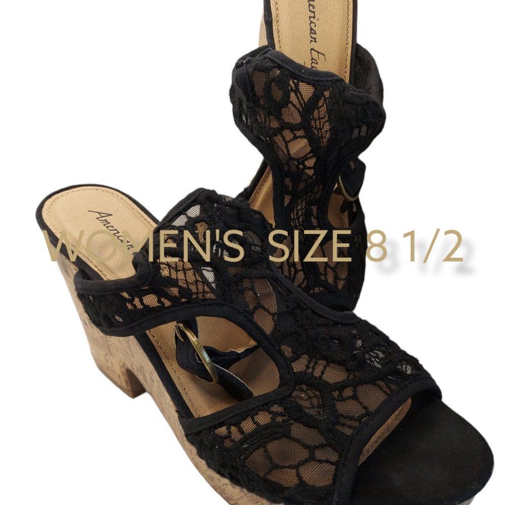 American Eagle Black Lace Peep Toe Wedge - Picture 3 of 5